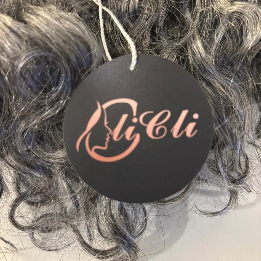 Cliclihair Curly Short Wig Womens OS Gray Salt and Pepper Real Human Hair NEW